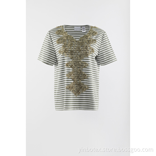 Applique gestreiftes kurzärmliges T-Shirt